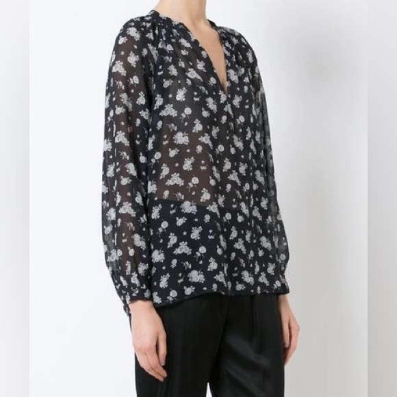 Vince Calico Floral Print Silk Blouse In Coastal Blue - Picture 5 of 16